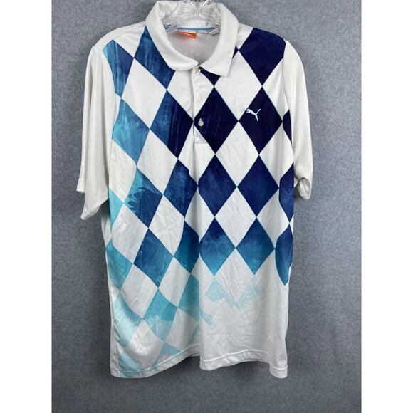 Puma Polo Shirt Men's L White Diamond Print Short Sleeve‎ Performance Golf - Picture 1 of 9